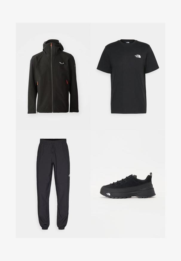 Zwarte waterdichte jas met een volledige rits, verstelbare capuchon en oranje accenten. Bevat een logo op de borst en zijzakken met rits.; Zwarte katoenen T-shirt met korte mouwen, ronde hals en een klein wit logo op de linkerkant van de borst. Eenvoudig ontwerp, gladde textuur en een comfortabele pasvorm.; Zwarte sportieve broek gemaakt van lichtgewicht stof, met een trekkoord in de taille, zijzakken en taps toelopende boorden bij de enkels.; Zwarte outdoor sneaker met een suede bovenkant, een gestructureerde rubberen zool en een stevig vetersysteem. Heeft een versterkte hiel en een merklogo aan de zijkant.