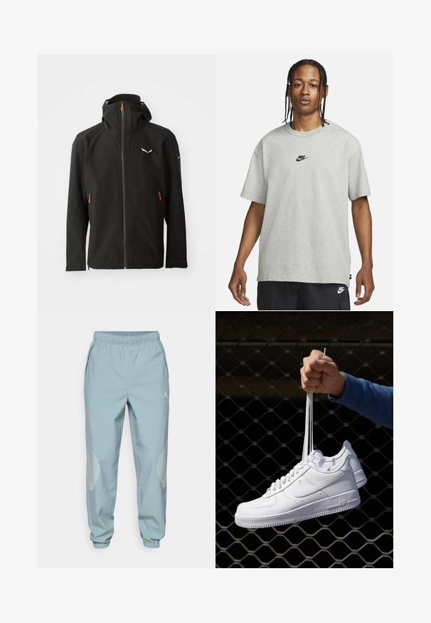 Melna ūdensnecaurlaidīga jaka ar pilnu rāvējslēdzēju, regulējamu kapuci un oranžiem akcentiem. Tam ir logo uz krūtīm un sānu rāvējslēdzēja kabatas.; Jaunietis ar pītām matēm, kas valkā gaiši pelēku Nike T-kreklu un melnas Nike šortus uz vienkārša balta fona.; Gaiši zili sportiski joggeri ar elastīgu jostasvīru, sānu kabatām un atstarojošiem punktu akcentiem apakšējās kājās.; Baltas ādas sporta apavi ar perforācijām, apaļu purngali, plakanu zoli un biezām šņorēm, ar redzamu swoosh logo un vārdu "AIR" uz papēža.
