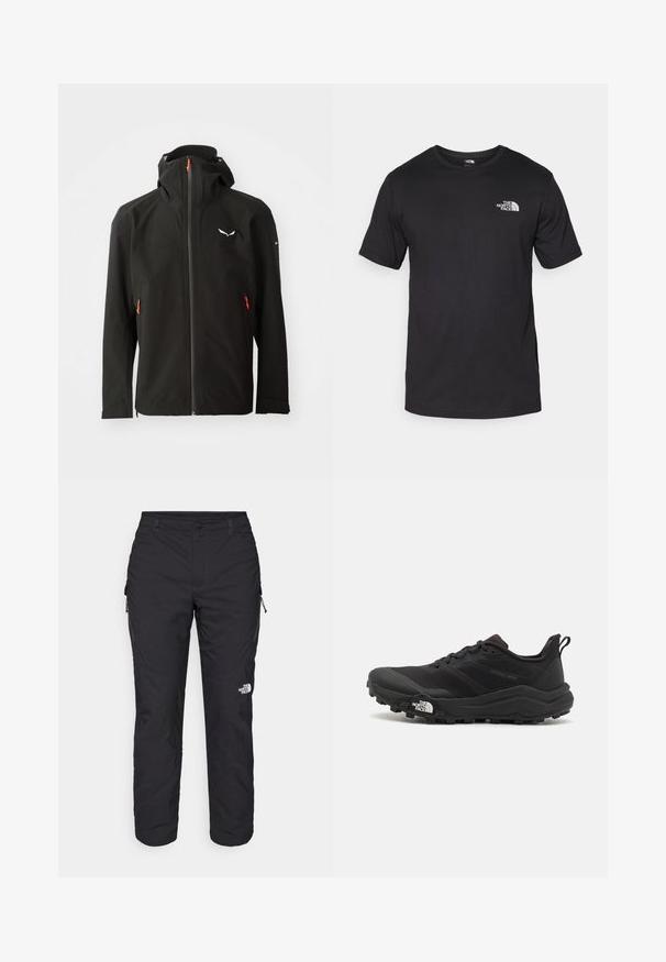 Musta vedenpitävä takki, jossa on täysi vetoketju, säädettävä huppu ja oranssit yksityiskohdat. Takissa on logo rinnassa ja sivuvetoketjulliset taskut.; Mustat lyhythihaiset t-paidat, jotka on valmistettu puuvillasta. paidassa on pyöreä pääntie ja pieni valkoinen logo vasemmassa ylärintataskussa.; The North Face WINTER EXPLORATION TAPERED CARGO - Ulkohousut - black; Musta maastojuoksukengät, joissa on teksturoitu päällinen, kumipohja ja vahvistettu varvastoppia. Varusteena pehmustettu nilkkakappale ja vetotappi helppoa pukemista varten.