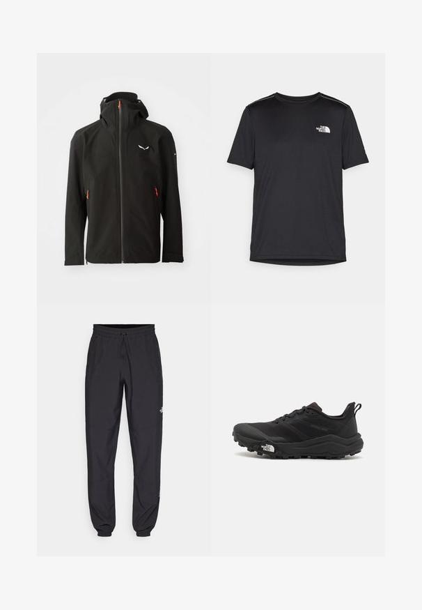 Black waterproof jacket with a full zip, adjustable hood, and orange accents. Features a logo on the chest and side zippered pockets.; Black short-sleeve T-shirt made from lightweight fabric. Features a small white logo on the left chest and subtle shoulder accents.; Black athletic pants made from lightweight fabric, featuring a drawstring waistband, side pockets, and tapered cuffs at the ankles.; Black trail running shoe with a textured upper, rubber sole, and reinforced toe cap. Features a padded collar and pull tab for easy wear.