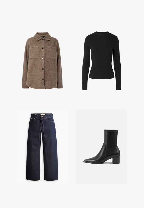 Brown, fuzzy fleece jacket with a collar, two chest pockets, and front button closure. Features textured surface and dark buttons.; Black ribbed long-sleeve sweater with a round neckline and fitted silhouette, featuring a smooth texture throughout.; Wide-leg dark blue denim jeans with a high waist, featuring a drawstring tie, five pockets, and contrasting stitching details.; Black ankle boot made of smooth leather, featuring a pointed toe, a block heel, and distinct raised stitching at the top edge.