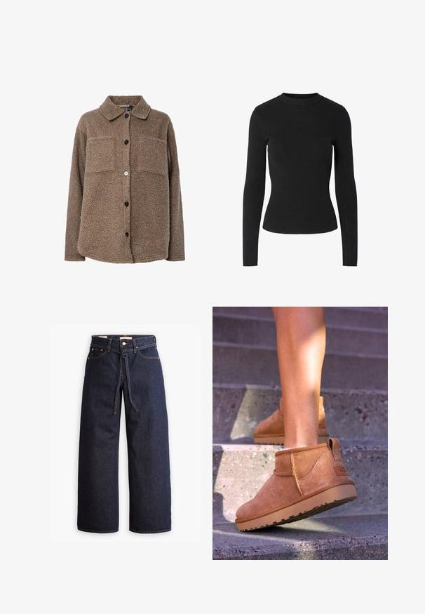 Brun, fluffig fleecejacka med krage, två bröstfickor och knappslutning fram. Har en strukturerad yta och mörka knappar.; Svart ribbad tröja med långa ärmar, rund halsringning och figurnära silhuett, med en slät textur över hela plagget.; Brettbeniga mörkblå denimjeans med hög midja, utrustade med snörning, fem fickor och kontrasterande sömmar.; Tan mockasiner med en mjuk textur, sömnadsdetaljer och en gummisula, med en öglad häl för enkel påtagning.