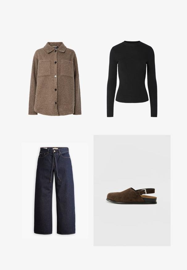 Ruskea, pörröinen fleece-takki, jossa on kaulus, kaksi rintataskua ja etunappikiinnitys. Siinä on teksturoitu pinta ja tummat napit.; Musta, ribbineulottu pitkähihainen neule, jossa on pyöreä pääntie ja istuva siluetti; neuleen pinta on sileä ja yhtenäinen.; Korkeavyötäröiset tummansiniset leveälahkeiset farkut, joissa on narunauhakuja, viisi taskua ja kontrastiväriset ompeluseikat.; Ruske nubuk-slip-on sko med lav hæl, justerbar rem med en sølvspænde og en sort gummi-sål.