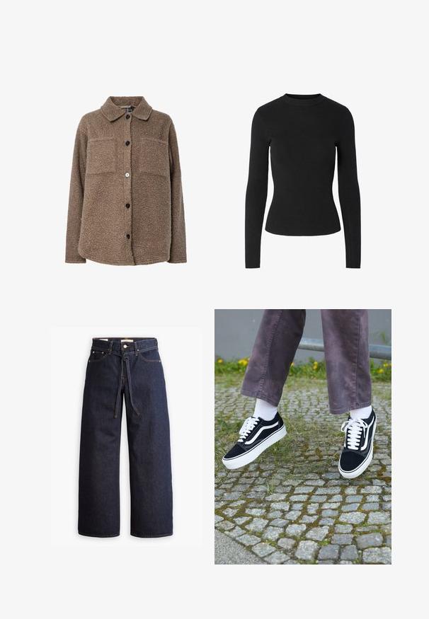 Pruun, narmastev fliiskate, millel on krae, kaks rinna taskut ja esine nööbiga kinnitamine. Omab tekstuurset pinda ja tumedaid nööpe.; Mustast ridvilist pikkade varrukatega kampsun ümar kaelusega ja kohandatud siluetiga, mille kogu pind on ühtlase tekstuuriga.; Laiad joped tumeda sinise denimi ja kõrge taljega, millel on paela kinni tõmbamise võimalus, viis taskut ja kontrastsete õmblustega detailid.; Mustad nubukist spordijalatsid valgete detailidega, millel on ümar nina, paks valge tald ja klassikaline sidumise disain, kantud valgete sokkide ja lilla pükste juurde.