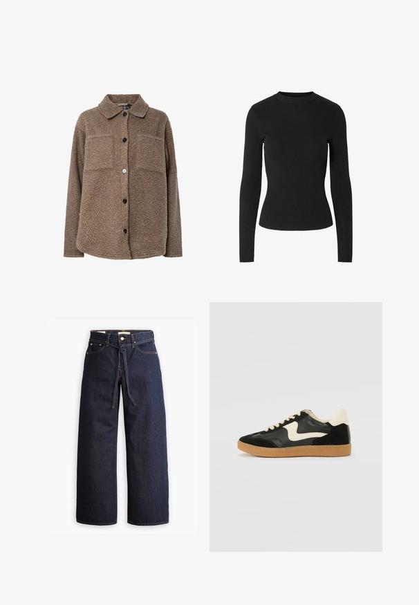 Bruine, harige fleecejas met een kraag, twee borstzakken en een sluiting met knopen aan de voorkant. Heeft een gestructureerd oppervlak en zwarte knopen.; Zwarte geribbelde trui met lange mouwen, een ronde halslijn en een nauwsluitend silhouet, met een gladde textuur over het hele oppervlak.; Wijd pijpjes donkerblauwe denim jeans met een hoge taille, voorzien van een trekkoord, vijf zakken en contrasterende stiksels.; Zwarte suède en leren sneaker met een crèmekleurige zij-swoosh en lichte crèmekleurige hiel. Voorzien van beige veters en een gumrubberen zool.