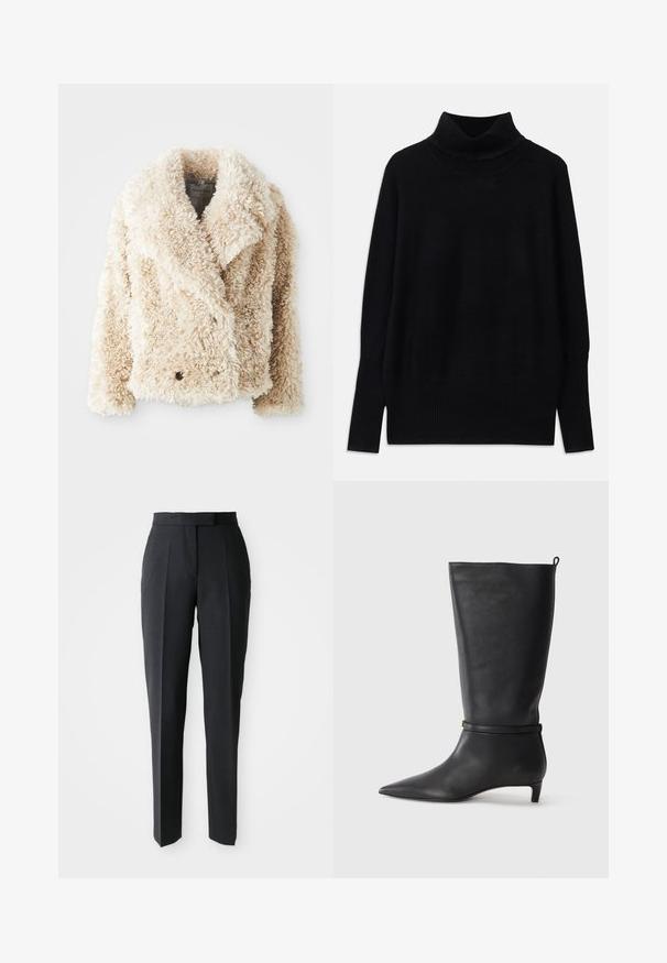 Krémový kožúšok z umelej kože s hlbokým výstrihom do V, dvojradovým gombíkovým zapínaním a textúrovaným, nadýchaným povrchom. Obsahuje široké klopy.; Čierny rolák vyrobený z mäkkej tkaniny, s rebrovanými akcentmi na golieri a manžetách, s voľným strihom a bočnými rozparky.; Čierne nohavice so strihom rovného nohu a vysokým pásom, s prednými záhybmi, vystavené na jednoduchom svetlom pozadí.; Čierne kožené vysoké čižmy po kolená s špicatou špičkou, s okrúhlym remienkom okolo členku a nízkym, zúženým podpätkom. Hladký povrch.
