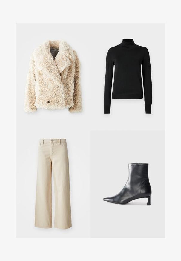 Cremefarvet faux fur jakke med dyb V-udskæring, dobbeltknaplukning og tekstureret, fluffy overflade. Har brede revers.; Sort langærmet turtleneck sweater med ribbede manchetter og kant, vist på en simpel hvid baggrund.; Beige brede bukser lavet af denim med høj talje, knaplukning, bæltesløjfer og sidelommer. Glat tekstur og afslappet pasform.; Sort læder ankelstøvle med spids tå og et strømlinet design. Har en lav hæl og en lynlås lukning bagpå. Glat tekstur.
