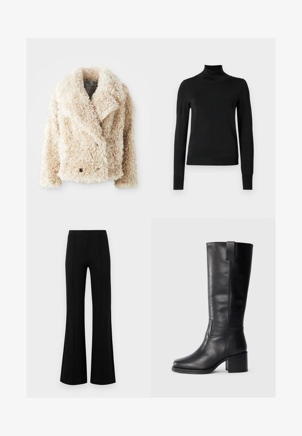 Krémový kabát z umělé kožešiny s hlubokým výstřihem do V, dvojitým zapínáním na knoflíky a texturovaným, nadýchaným povrchem. Má široké klopy.; Černý dlouhý rukáv rolák se žebrovanými manžetami a lemem, vystavený na čistě bílém pozadí.; Černé kalhoty s volným zakončením a vysokým pasem, vyrobené z elastického materiálu. Mají vertikální švy na přední straně a hladký povrch.; Černé kožené kozačky až ke kolenům s hladkým povrchem, čtveratou špičkou, širokým podpatkem a bočním poutkem, se minimalizovanými švy.