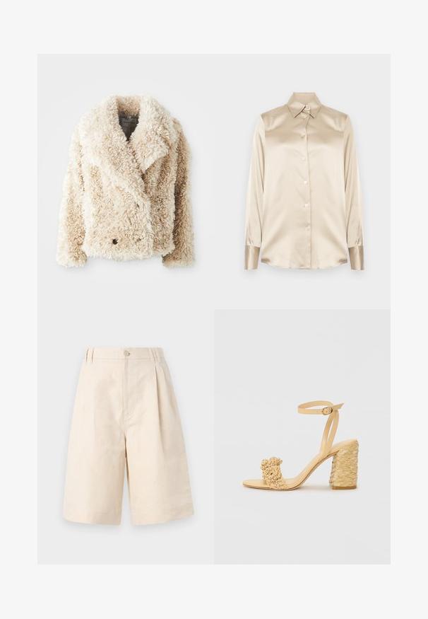 Cream-colored faux fur jacket with a deep V-neck, double-breasted button closure, and textured, fluffy surface. Features wide lapels.; Beige satin shirt with a pointed collar, full-length sleeves, button closure, and cuffs in a slightly glossier finish. No patterns or accents.; Beige linen shorts with a relaxed fit, featuring a button closure, pleated design, and knee-length cut. Smooth texture and simple style.; Beige high-heeled sandal with a braided texture, featuring a decorative flower and ankle strap. Square-shaped heel adds stability.