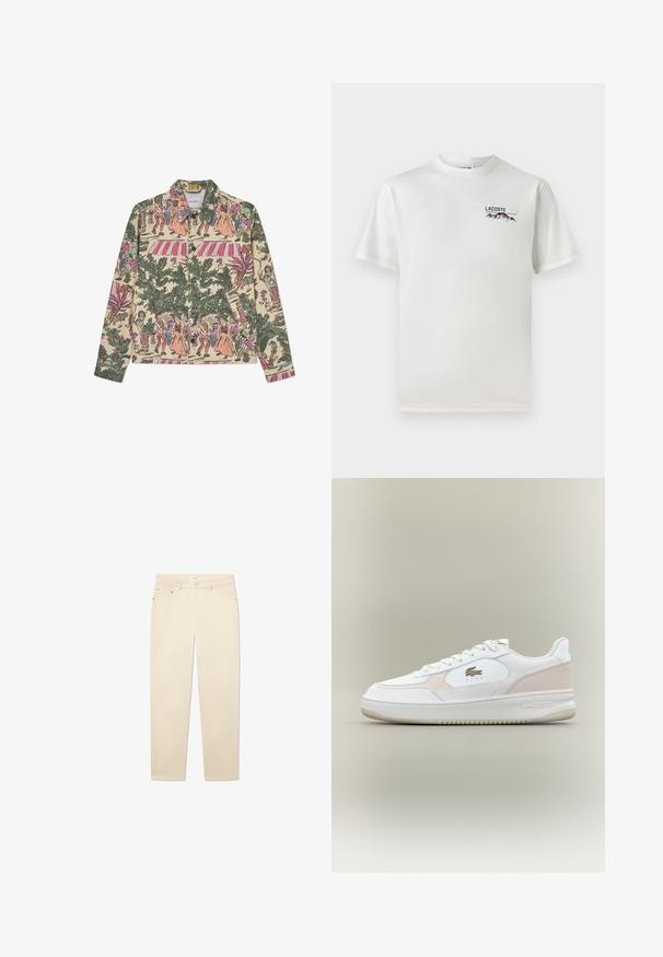 Bežinė mygtukinė striukė su sudėtingu daugiaspalviu raštu, vaizduojančiu figūras, augalus ir raštus; turi klasikinį apykaklę ir ilgomis rankovėmis.; Baltas medvilninis marškinėliai su apykakle, trumpomis rankovėmis ir mažas siuvinėtas logotipas, vaizduojantis kalnus ir tekstą ant kairiojo krūtinės.; Balti kreminiai džinsai su tiesiu kirpimu, turintys penkis kišenes, užsegimą su mygtuku ir užtrauktuku bei subtilius siuvinėjimo akcentus.; Balti sportbačiai su lygia odos viršutine dalimi, zomšos akcentais ir guminiais padu. Yra reljefinis logotipas ir raištelių uždėjimo dizainas. Minimalistinis estetika.