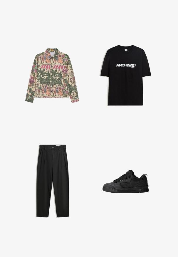 Jachetă bej, cu guler clasic și mâneci lungi, închisa cu butoane, având un imprimeu multicolor complex ce ilustrează figuri, plante și modele.; Tricou din bumbac negru cu un logo alb "ARCHIVE inc." pe piept, mâneci scurte și guler rotund.; Pantaloni negri din bumbac cu croială lejeră, având un brâu clasic, plii frontale și buzunare laterale. Textură netedă fără modele.; Adidași negri cu un lateral texturat, având șireturi, accente din plasă pentru respirabilitate, guler căptușit și o talpă rezistentă.