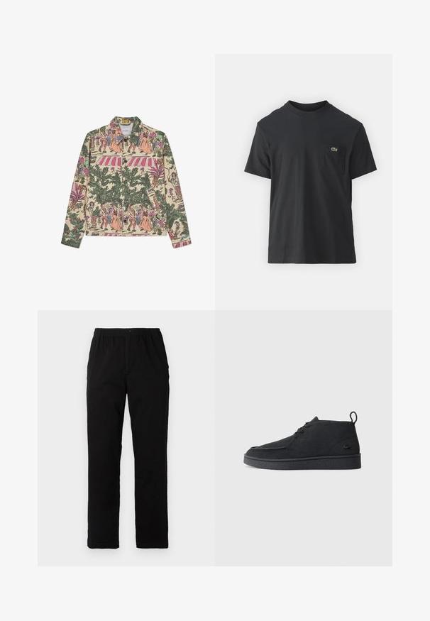 Bežinė mygtukinė striukė su sudėtingu daugiaspalviu raštu, vaizduojančiu figūras, augalus ir raštus; turi klasikinį apykaklę ir ilgomis rankovėmis.; Juodas medvilninis marškinėliai trumpomis rankovėmis, apvaliu iškirpimu ir maža žalia logo kairėje krūtinės kišenėje. Paprastas dizainas, reguliaraus pjaustymo.; Juodi kelnės, pagamintos iš medvilnės mišinio, su tiesiomis kirpimo linijomis, elastingu liemeniu su mygtuku ir be aiškių raštų ar akcentų.; Juodas zomšinės odo aulinukas su raišteliais, turintis traukimą ir tekstūruotą pado dalį, su mažuoju įspaustu krokodilo logotipu šone.