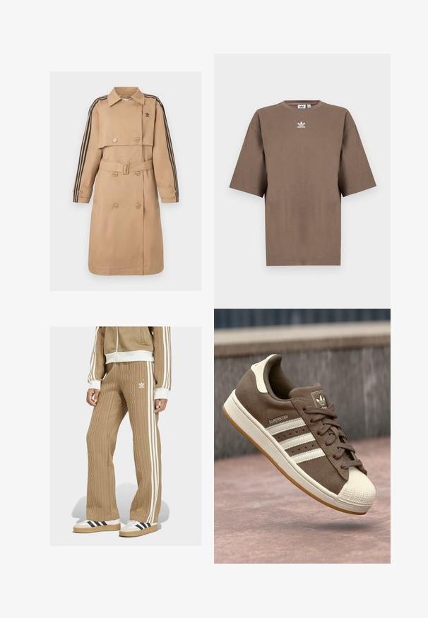 Béžový trenčkot s dvouřadými knoflíky, pásem a černými pruhovanými akcenty na rukávech; má límec a boční kapsy.; Hnědé bavlněné tričko s krátkým rukávem, kulatým výstřihem a bílým logem Adidas umístěným uprostřed hrudi, s jednoduchým designem a uvolněným střihem.; Hnědé pletené kalhoty s bílými bočními pruhy a logem adidas. Doplněno bílými teniskami s černými pruhy.; Hnědé semišové tenisky s bílými pruhy, krémovými akcenty a gumovou špičkou. Obsahují šněrovací design a strukturovanou gumovou podrážku.