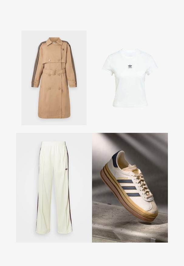 Bež baloner s dvostrukim redom dugmadi, pojasom i crnim prugastim detaljima na rukavima; ima ovratnik i bočne džepove.; Bjela pamučna majica kratkih rukava s okruglim izrezom. Ima crni Adidas logo otisnut na prsima. Jednostavan, minimalistički dizajn.; Kremaste trenerke s opuštenim krojem, s tamno smešnim bočnim prugama i izvezenim logom na levom bedru.; Adidas Gazelle tenisice s kremasto antilop gornjom, plavim kožnim akcentima, tri plave pruge, bež međupotplat i smešani gumeni potplat.