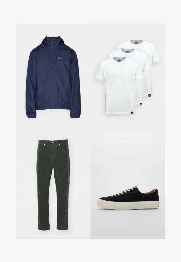 Navy waterproof jacket with a high collar, elastic cuffs, and drawstring hood. Features logo on the upper left chest. Smooth texture.; Three plain white cotton t-shirts with short sleeves. Each shirt features a round neckline and a small black logo tag on the left side.; Green corduroy pants with a straight-leg design, featuring five pockets, metal button closure, and textured ribbed surface.; Black fabric sneaker with white laces, beige rubber sole, and red accent at the heel. Rounded toe and minimal stitching detail.