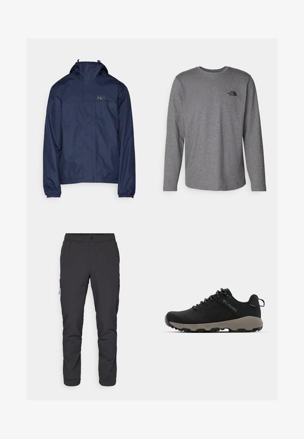 Giacca impermeabile blu navy con colletto alto, polsini elasticizzati e cappuccio regolabile. Logo sul petto sinistro in alto. Texture liscia.; The North Face M L/S SIMPLE DOME TEE - Maglietta a manica lunga - medium grey heather; Pantaloni neri a sigaretta con vita elastica, tasca laterale con zip e tessuto leggero e liscio. Ideali per l'abbigliamento sportivo.; Scarpa da trekking nera con tomaia liscia, design perforato, suola grigia e tallone rinforzato. Caratterizzata da lacci e un anello per una facile calzata.