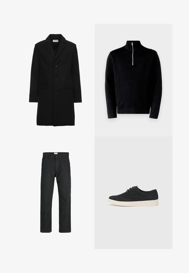 Melna vilnas maisījuma virsjaka ar iegriezto apmalu, vienas rindas pogu aizdari, divām priekšējām kabatām un elegantu, piegrieztu siluetu.; Melna džemperis ar augstu apkakli un pusi rāvējslēdzēju. Izgatavots no ribota auduma, tam ir garas piedurknes un gluda tekstūra.; Melnas bikses no izturīga auduma, ar taisna griezuma dizainu, izšūtām akcentiem un divām priekšējām kabatām funkcionālitātei.; Melna zamšā ar auklēm, ar noapaļotu purngalu, viegla krēmkrāsas zole un smalki zila šuvēšana akcentos augšējā daļā.