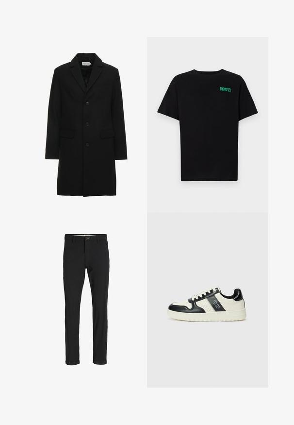 Čierny vlnený kabát s notched límcom, jednoradovým zapínaním na gombík, dvoma prednými vreckami a elegantným, strihaným siluetou.; Čierne tričko s krátkymi rukávmi vyrobené z bavlny. Na prednej strane má zelené logo "ROOTS", okrúhly výstrih a štandardný strih.; Čierne nohavice z bavlneného zmesi so štíhlym strihom, s gombíkovým zapínaním, vreckami a založenými manžetami pre ležérny vzhľad.; Kožené tenisky v čierno-krémovej farbe, s perforovanými akcentmi, polstrovaným golierom a štruktúrovanou podrážkou.