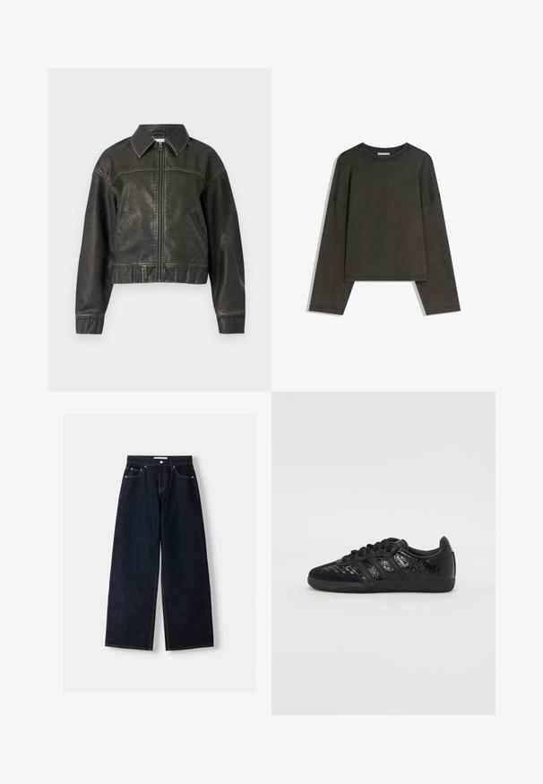 Object OBJSCARLET BIKER - Veste en similicuir - black; Haut à manches longues gris foncé en tissu mélangé coton. Forme oversize avec un col rond et des épaules basses, présentant des coutures visibles.; Jean large en denim bleu foncé à taille haute, avec cinq poches, des coutures contrastées et des éléments en métal argenté. Texture lisse et finition soignée.; Chaussure de sport noire présentant un mélange de matériaux synthétiques lisses et texturés, avec trois bandes noires et une semelle en caoutchouc.