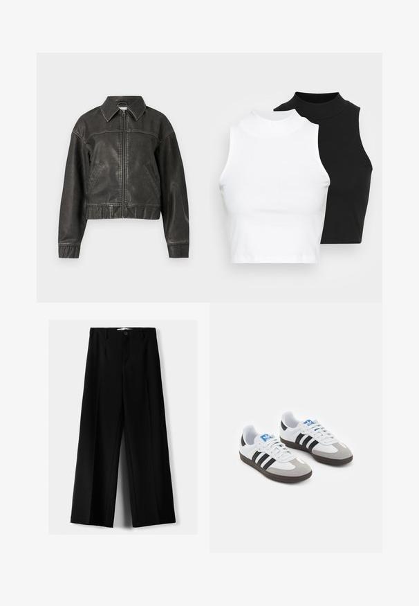 Object OBJSCARLET BIKER - Veste en similicuir - black; Deux hauts sans manches en maille côtelée, en noir et blanc, dotés d'un design ajusté et d'une texture lisse, avec une longueur courte.; Pantalons larges noirs en tissu léger, avec une fermeture à bouton à l'avant et un devant plat, dotés d'ourlets soigneusement cousus.; Baskets avec une tige en cuir blanc, un bout en daim gris et trois bandes noires. Présente un logo bleu sur la languette et une semelle en caoutchouc texturée.