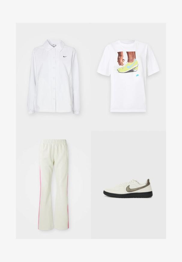 Nike Sportswear Letná bunda - white/black; Biely bavlnený tričko s grafikou nôh v žltých kopačkách Nike s modrými akcentmi, doplnené náramkom na ľavej ruke.; Svetlo béžové nohavice s elastickým pásom, s ružovými bočnými panelmi a bočnými vreckami. Hladká textúra s rovnými nohavicami.; Nike Sportswear FIELD GENERAL - Tenisky - off-white/black