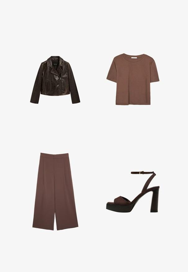Brun læder cropped jakke med en fligkrave, lynlås lukning og to forlommer. Har en subtil tekstur og kontraststing.; Brun kortærmet t-shirt lavet af blødt stof, med rund halsudskæring og afslappet pasform. Ingen synlige mønstre eller detaljer.; Brune bredbunde bukser med en glat tekstur, der har høj talje og plisseringer foran. Stoffet er let og falder løst.; Brune ruskinds højhælede sandal med åben tå, justerbar ankelrem og en stribet plade sål.