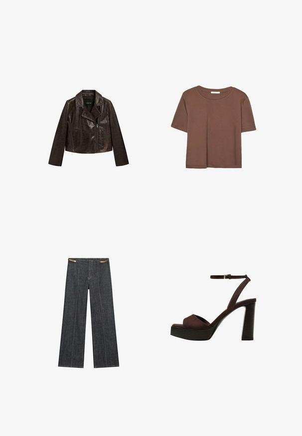 Brun læder cropped jakke med en fligkrave, lynlås lukning og to forlommer. Har en subtil tekstur og kontraststing.; Brun kortærmet t-shirt lavet af blødt stof, med rund halsudskæring og afslappet pasform. Ingen synlige mønstre eller detaljer.; Mørk vask denim bredbensbukser med høj talje. Har synlig syning, knaplukning og en unik kædeaccent i taljen.; Brune ruskinds højhælede sandal med åben tå, justerbar ankelrem og en stribet plade sål.