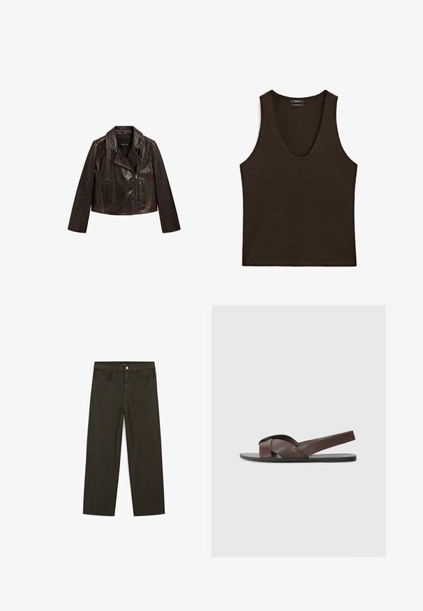 Brun læder cropped jakke med en fligkrave, lynlås lukning og to forlommer. Har en subtil tekstur og kontraststing.; Søløs mørkebrun cashmere tanktop med rund udskæring, laid flat.; Mørkegrønne brede jeans lavet af en bomuldsblanding, med en frontlukning med knap, fem lommer og klassisk denim-syning.; Brune lædersandal med krydsremdesign, flad sort såle og justerbar bagrem. Glat tekstur og minimale hardwaredetaljer.