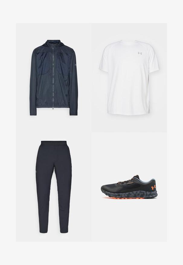 Veste légère à capuche bleu marine avec fermeture éclair sur toute la longueur, manches longues et poche poitrine zippée.; T-shirt de sport à manches courtes de couleur blanche, fabriqué en tissu lisse. Il présente un col rond et un logo gris sur la poitrine gauche, avec des fentes sur les côtés au niveau de l'ourlet.; Pantalons de sport noirs avec une texture lisse, coupe slim, taille élastique et poches latérales. Présente un petit logo sur la cuisse gauche.; Baskets de sport noires avec un dessus texturé, des accents gris, des détails orange, une semelle à motif camouflage et un système de laçage pour un maintien sécurisé.