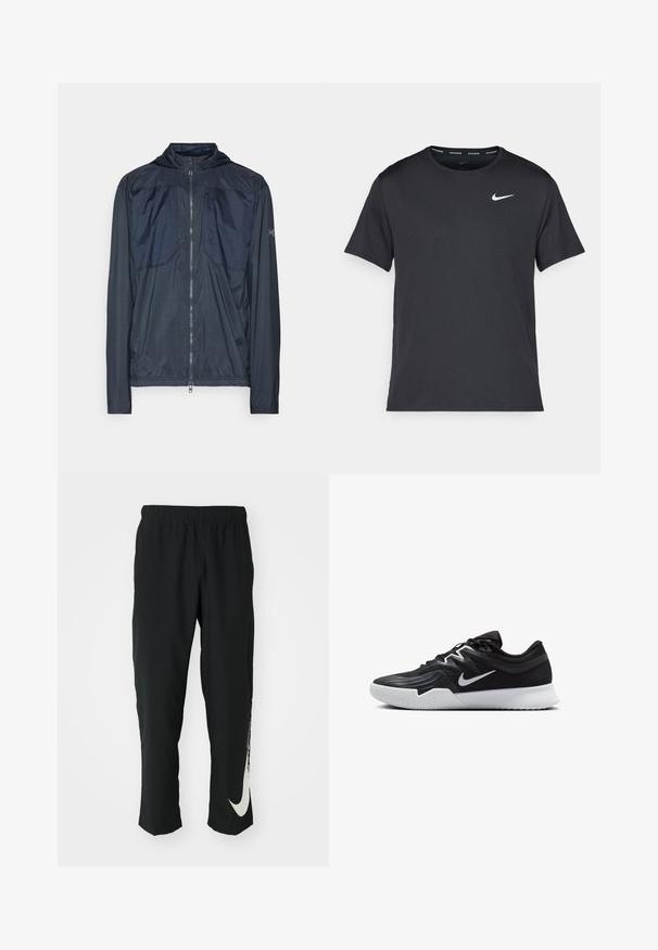 Navy blue lightweight hooded jacket with full front zipper, long sleeves, and zippered chest pocket.; Black Nike running T-shirt made of lightweight, breathable material, featuring short sleeves and a small white logo on the chest.; Black athletic pants with elastic waistband, tapering design, featuring a large white Nike logo on the left leg. Soft, lightweight fabric.; Black athletic shoe with a textured upper, white Nike swoosh, and a white rubber outsole. Features a lace-up design and dynamic shape.