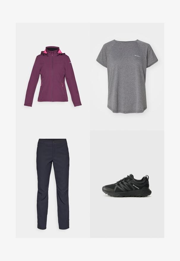 Chaqueta softshell morada con un diseño ajustado, acentos rosas en la capucha y los cremalleras, y dos bolsillos laterales. Textura elástica y suave.; Camiseta gris de manga corta con un sutil patrón texturizado, cuello redondo y logo de Columbia en el pecho. Tejido suave, corte relajado.; Pantalones azul marino de tela suave, que presentan un cierre delantero con botón, un diseño ajustado y detalles con pliegues en las rodillas.; Columbia PEAKFREAK - Zapatillas de senderismo - black