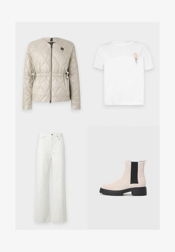 Giacca trapuntata beige chiaro con colletto rotondo, vita elastica, zip completa e etichetta decorativa. Presenta un motivo a diamante su tutta la superficie.; T-shirt bianco in cotone a maniche corte con un grafico minimalista di un gelato giallo ricamato nella zona sinistra del petto.; Samsøe Samsøe SHELLY - Jeans baggy - clear cream; Stivale Chelsea in suede beige con pannello laterale elastico nero, suola nera spessa e linguetta alla caviglia.