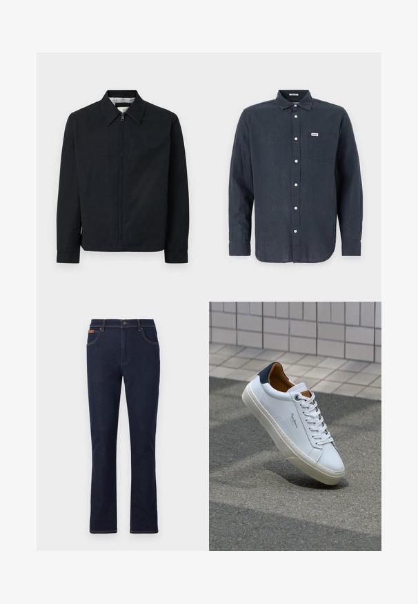 Must väzipperiga must jope, millel on terav krae, küljetaskud ja kontrastne ruuduline vooder. Omab pikki varrukaid ja sirget lõiget.; Tume sinine pikkade varrukatega lina särk, millel on nööpidega krae, ette pandud tasku ja valged nööbid. Wrangleri logo taskul.; Tumed sinised teksad sirge säärega, millel on oranž õmblus, viis taskut ja nööpkinnitus vöökoht.; Valge nahast tennis, millel on tumesinine konts, ümmargune nina ja kontrastsed pruuni aktsendid. Omab lamepaelti ja tekstureeritud kummist tallat.