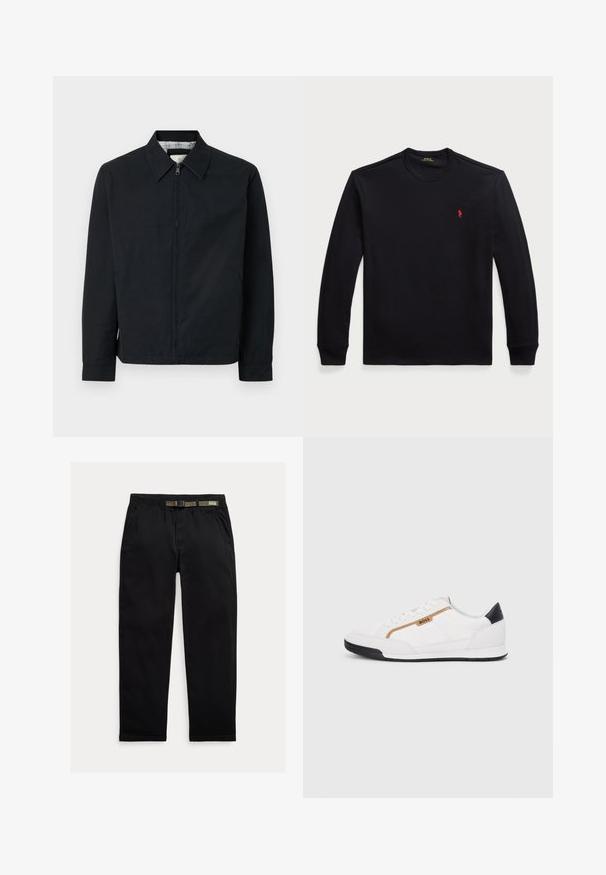 Sort lynlåsjakke med spidse krave, sidelommer og en kontrasterende ternet foring. Har lange ærmer og en lige pasform.; Langærmet sort bomulds skjorte med rund halsudskæring, der har et lille rødt logo på brystet. Glat tekstur og tætsiddende design.; Sorte bukser lavet af letvægtsstof, med en elastisk talje og et integreret grønt bælte, lige ben og sidelommer.; Hvide atletiske sko med mesh og læderdetaljer. Har et gyldent "BOSS" logo, teksturerede sidepaneler og en sort hælkappe. Gummisål.