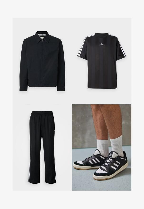 Jachetă neagră cu fermoar frontal, cu guler ascuțit, buzunare laterale și căptușeală în carouri contrastante. Prezintă mâneci lungi și o croială dreaptă.; Tricou negru cu mânecă scurtă, cu detalii albe cu trei dungi pe umeri și un mic logo alb pe piept. Textură de țesătură netedă.; Pantaloni atletici negri cu talie elastică, având dungi albe pe laterale și un mic logo. Materialul pare moale și ușor.; Adidași negri și albi cu un superior din suede și piele, prevăzuți cu trei dungi albe, un vârf perforat și o talpă din cauciuc caramel.