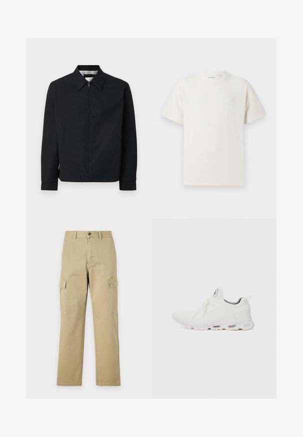 Sort lynlåsjakke med spidse krave, sidelommer og en kontrasterende ternet foring. Har lange ærmer og en lige pasform.; Hvid kortærmet T-shirt i ribbet tekstur. Rund halsudskæring, løs pasform, ingen synlige mønstre eller accenter. Enkel og alsidig design.; Beige cargo bukser lavet af bomuld, med to sidelommer, knaplukning og lige ben i et let tekstureret stof.; Hvide atletiske sko med en tekstureret strikket overdel, flade snørebånd og en polstret sål med synlige luftkamre for ekstra støtte.