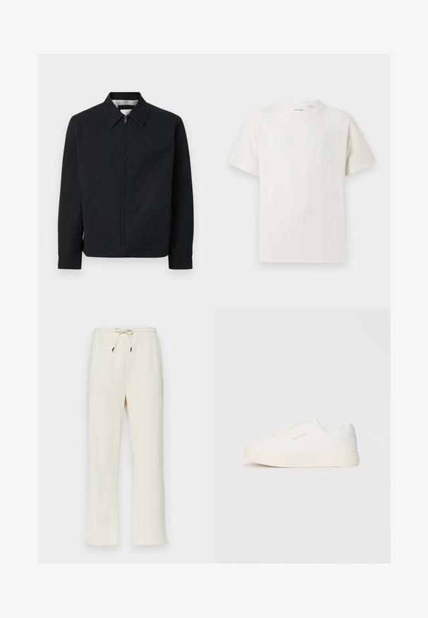 Černá bunda na zip s výstřihem do špičky, bočními kapsami a kontrastní kostkovanou podšívkou. Má dlouhé rukávy a rovný střih.; Bílý krátký rukáv tričko s pružnou strukturou. Kulatý výstřih, volný střih, bez viditelných vzorů nebo detailů. Jednoduchý a univerzální design.; Krémové žebrované tepláky s elastickým pasem na šňůrku, které mají dvě boční kapsy a rovný střih nohavic.; Bílé slip-on tenisky s texturovaným povrchem, silnou podešví a minimalistickým designem. Na boku je umístěno logo značky.