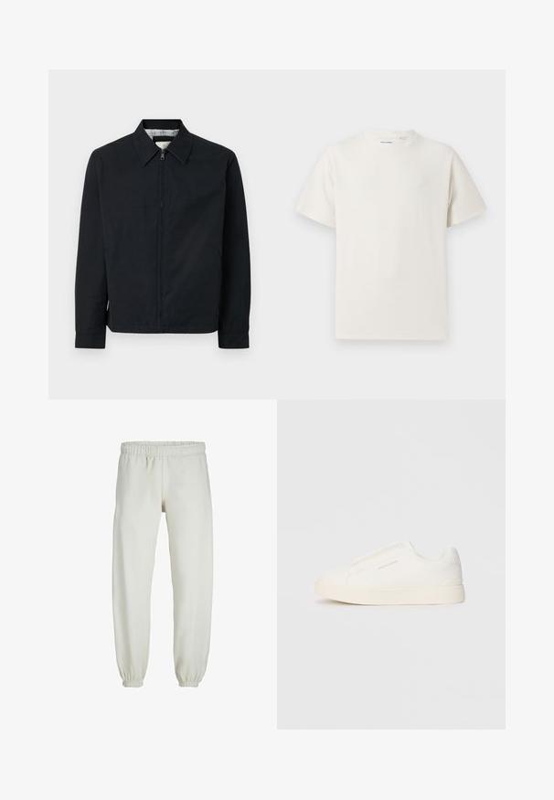 Zwarte ritsjack met een puntige kraag, zijzakken en een contrasterende geruite voering. Beschikt over lange mouwen en een rechte snit.; Witte korte mouwen T-shirt met ribbelstructuur. Ronde hals, ontspannen pasvorm, geen zichtbare patronen of accenten. Eenvoudig en veelzijdig ontwerp.; Witte sweatpants gemaakt van zachte stof, met een elastische tailleband en boorden, een gladde textuur en een losvallend ontwerp.; Witte instap sneakers met een gestructureerd oppervlak, een dikke zool en een minimalistisch ontwerp. Bevat het merklogo aan de zijkant.