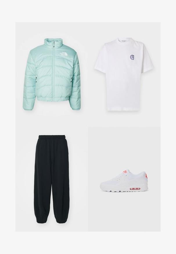 Helles blaues, puffy Jacket mit hohem Kragen, Reißverschluss vorne und Logo auf der linken Brust. Verfügt über elastische Bündchen und einen elastischen Saum.; Weißes Baumwoll-T-Shirt mit kurzen Ärmeln, rundem Halsausschnitt und einem kleinen, gestickten blauen "C"-Logo auf der linken Brustseite.; Schwarze Sweatpants mit elastischem Bund, lockerer Passform, gerippten Beinabschlüssen, glatter Textur und ohne sichtbare Muster oder Hardware-Akzente.; Weiße Sportsneaker mit einem glatten Obermaterial, Schnürverschluss, gepolsterter Sohle und einem sichtbaren Luftpolster mit roten Akzenten im Branding.