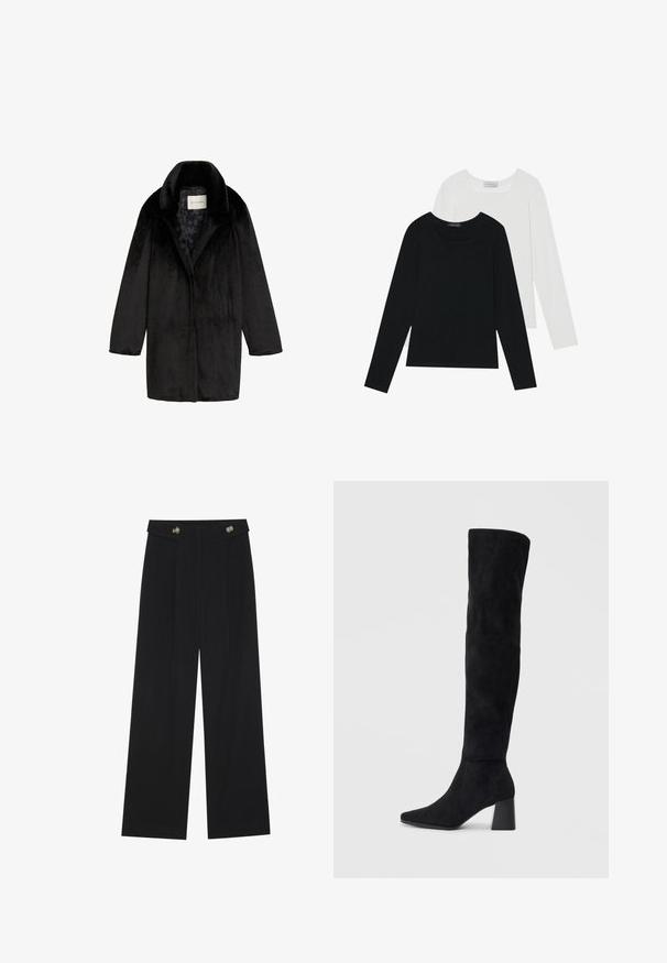 Sort faux fur frakke med sjalskrave, enkelt knaplukning og struktureret udseende. Foret med et subtilt blomstermønster.; To lange skjorter med lange ærmer, en sort og en hvid, begge med firkantet halsudskæring og lavet af blødt, strækbart stof.; Sorte vide bukser med høj talje, knapdetaljer på taljebåndet og frontfald.; Sorte ruskind støvler i knæhøjde med blokheel, spids tå og glat, sømløs design på en enkel lys baggrund.