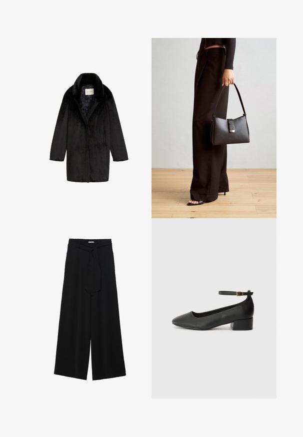 Cappotto in finta pelliccia nera con colletto a scialle, chiusura a un bottone e un aspetto testurizzato. Foderato con un delicato motivo floreale.; T-shirt a maniche lunghe in bianco, bordeaux e nero. Realizzate in tessuto morbido con scollatura rotonda e design aderente. Adatte per essere indossate a strati.; Pantaloni neri a gamba larga caratterizzati da un tessuto testurizzato, una vita elastica e una cintura staccabile per una vestibilità regolabile.; Pump in pelle nera con punta affusolata e tacco basso a blocco. Presenta una cinghia alla caviglia con una fibbia in tonalità oro. Texture liscia.; Borsa nera con forma strutturata, texture liscia e una chiusura metallica. Abbinata a pantaloni neri larghi e sandali open-toe su un pavimento in legno.