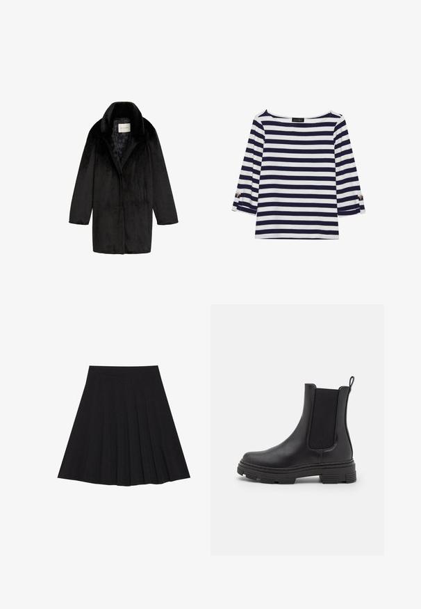 Sort faux fur frakke med sjalskrave, enkelt knaplukning og struktureret udseende. Foret med et subtilt blomstermønster.; Marineblå og hvide stribede langærmede top med bådudskæring og guldknapdetaljer på opsmøgede ærmer. Blødt stof, afslappet pasform.; Sort plisseret nederdel lavet af struktureret stof med en tætsiddende talje. Faldende til knæ længde og har en glat, ren silhuet.; Sort læder ankelstøvle med elastiske sidepaneler, rund tå og tekstureret gummisål. Har en sløjfe bagpå for nem påtagning.