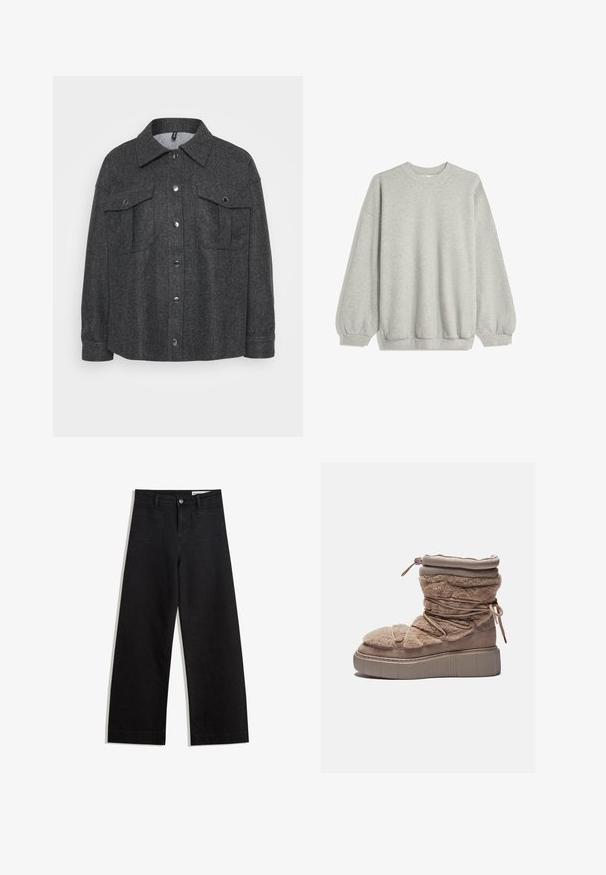 Sivá bunda z vlnenej zmesi s gombíkovým zapínaním, dvoma náprsními vreckami a golierom. Mäkka textúra s uvoľneným strihom.; Sivá mikina vyrobená z mäkkej tkaniny, s klasickým okrúhlym golierom, dlhými rukávmi s elastickými manžetami a voľným strihom. Bez vzorov alebo akcentov.; Čierne denimové nohavice s širokými nohavicami a vysokým pásom, so prednými a zadnými vreckami, šitými švami a zapínaním na gombík. Hladká textúra.; Chlpaté béžové členkové topánky s hrubou platformou, prehnutým zvrškom a elastickými šnúrkami. Majú zips a mäkkú textúru látky.