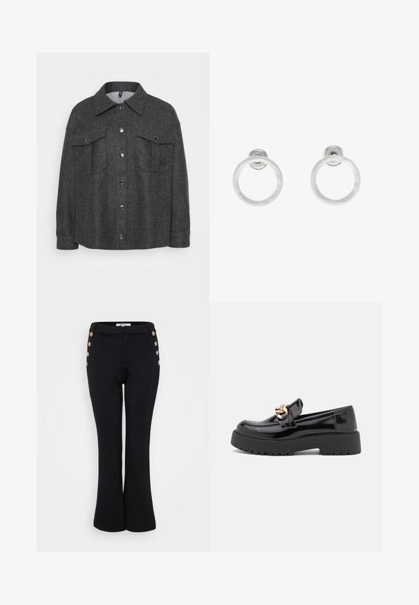 Grå, uldblandet jakke med knaplukning, to brystlommer og krave. Blød tekstur med en afslappet pasform.; Even&Odd Petite 2 PACK - Top - light grey/black; Sorte flared bukser lavet af glat stof, med guldknapdetaljer ved taljen og en tætsiddende silhuet.; Sorte patentlæder loafers med en kraftig sort sål og guldhardwaredetaljer. Glat overflade og rund tådesign.; Sølvmetalløreringe med en børstet tekstur, der har et cirkulært design og en klar post til sikker bæring.