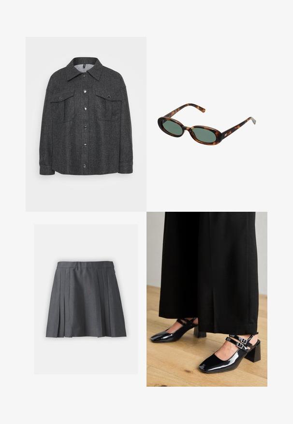 Casaco cinza em mistura de lã com fecho de botão, dois bolsos de peito e colarinho. Textura suave com um corte descontraído.; Duas blusas de manga longa: uma com design cropped em cor creme e a outra verde, de comprimento regular, com mangas raglan. Ambas em um tecido suave.; Saia cinza plissada feita de tecido texturizado, com uma cinta e fecho oculto. Apresenta pregas espaçadas uniformemente para um visual estruturado.; Sapatos slingback de verniz preto com biqueiras quadradas, apresentando duas tiras ajustáveis no tornozelo e saltos blocados. Acabamento liso e brilhante.; Óculos de sol de tartaruga com armações ovais e lentes verdes. Caracterizam-se por hastes finas com um destaque metálico perto das dobradiças.