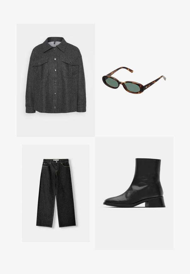 Harmaa, villasekoitekangas takki, jossa on nappikiinnitys, kaksi rintataskua ja kaulus. Pehmeä pinta ja rento istuvuus.; Musta ribbed-t-paita, jossa on pyöreä kaula-auko ja valkoisella brodeerattu logo. Kangas on sileä ja muoto on tiivis.; Musta denimi leveälahkeiset farkut, joissa on viisi taskua, metallinappi ja vetoketju, sekä erottuva keltainen ommel saumoissa.; Mustan nilkkuri kiiltävästä nahasta, jossa on tyylikäs muotoilu, terävä kärki ja kohtalaisen tukevat korkeat korot vakautta varten.; Kilpikonnakuosisuntit, joissa on soikeat kehykset ja vihreät linssit. Ominaisuuksiin kuuluu ohuet varret, joissa on metallinen korostus saranan lähellä.