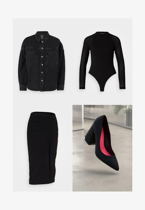 Musta farkkupaita pitkähihaisilla, kauluksellisella kaulalla, kahdella etutaskulla ja nappisuljennalla. Pehmeä rakenne, jossa on hieman haalistunut viimeistely.; Musta pitkähihainen bodysuit, jossa on korkea kaula-aukko, kiinteä kangas vartalolla ja läpinäkyvät verkohihat, muotoiltu tiukaksi.; Musta, rypytetty kynähame, jossa on solmuseikkaus ja sivurako. Valmistettu joustavasta kankaasta, joka tarjoaa sileän pinnan ja vartaloon kiinnittyvän muodon.; Musta korkokenkä, jossa on terävä kärki, teksturoitu pinta ja kirkkaan vaaleanpunainen sisus. Varustettu tukevalla kannalla, jossa on hopeinen yksityiskohta.