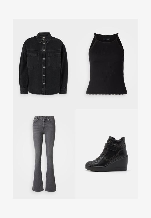 Fekete farmering hosszú ujjakkal, galléros nyakkal, két elülső zsebbel és gombos záródással. Puha tapintású, enyhén kopott hatású.; Fekete bordázott ujjatlan felső, csipkés, fodros szegéllyel az alján. Vékony pántokkal és testhez simuló kialakítással rendelkezik. Stretch anyagból készült.; Szürke trapéznadrág, amely magas derékkal, gombos záródással, öt zsebbel és finom varrási részletekkel rendelkezik. Simaságával kényeztető farmer anyagból készült.; Fekete magas szárú wedge sportcipők sima bőrből, fűzős elülettel, állítható pánttal és díszes cipzár részletekkel.