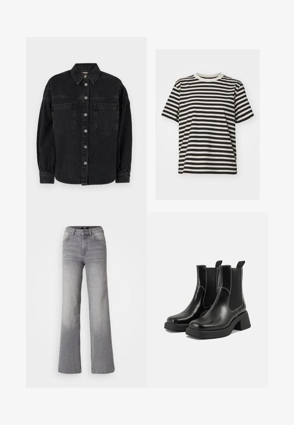 Musternahkade särk pikaaedade varrukatega, krae, kaks eesmist taskut ja nööbiga kinni. Pehme tekstuur kerge kulunud viimistlusega.; Ribadega t-särk pehmest kangast, millel on horisontaalsed mustad ja kreemjad triibud, ümar kaelus, lühikesed varrukad ja lõdvene sobivus.; Kõrge vöökoht, sirged hallid teksad, millel on ees nupp ja lukku, ees ja taga taskud ning hägune varjund reitel ja sääremarjadel.; Must musta Chelsea saapad, millel on paks konts, elastsed külgpaneelid ja kontrastne valge õmblus. Tekstuuriga viimistlus.