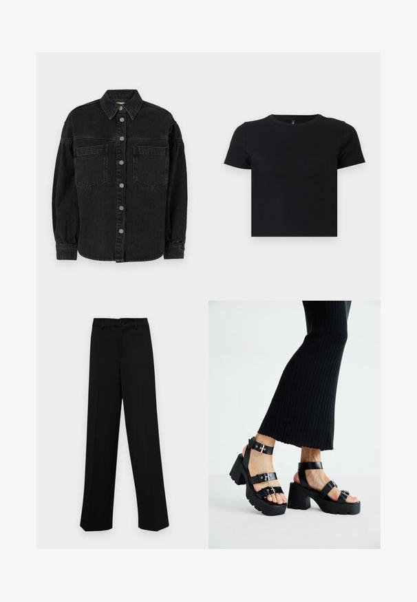 Melnas džinsu krekls ar garām piedurknēm, ar apkakli, divām priekšējām kabatām un pogu aizdari. Mīksta tekstūra ar nedaudz izbalējušu apdari.; Melnas īsām piedurknēm T-krekls, kas izgatavots no mīkstas kokvilnas. Ievietota apaļa kakla izgriezums un pieguļošs dizains. Gluda tekstūra bez rakstiem vai akcensiem.; Melnas platajās bikses, kas izgatavotas no gludas auduma, ar klasisku jostu un pogu aizdari, kā arī priekšējām kroku detalizācijām.; Melnas platforma siksnas ar masīviem, zolei ar iegriezumiem un daudzām siksnām, kurām ir metāla sprādzes un gluda ādas līdzīga tekstūra.